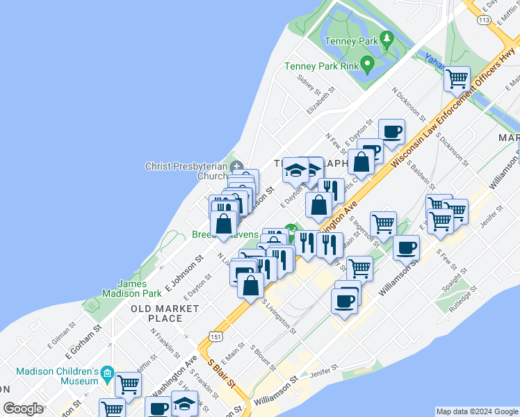 map of restaurants, bars, coffee shops, grocery stores, and more near 930 East Dayton Street in Madison