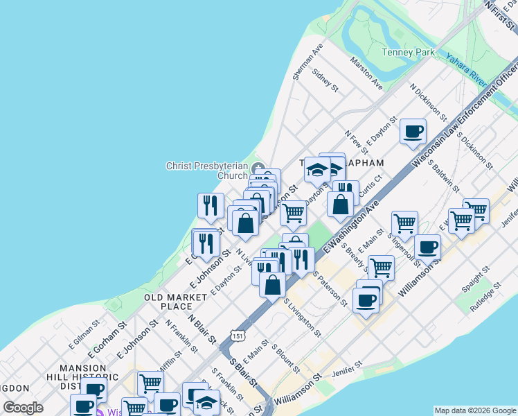 map of restaurants, bars, coffee shops, grocery stores, and more near 901 East Johnson Street in Madison