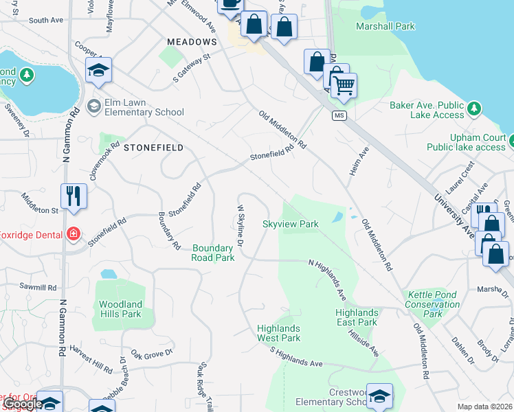 map of restaurants, bars, coffee shops, grocery stores, and more near 1426 East Skyline Drive in Madison