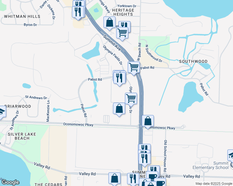 map of restaurants, bars, coffee shops, grocery stores, and more near 1450 Summit Avenue in Oconomowoc