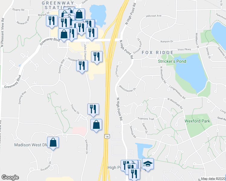 map of restaurants, bars, coffee shops, grocery stores, and more near 1218 North High Point Road in Middleton