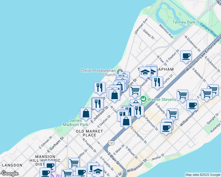 map of restaurants, bars, coffee shops, grocery stores, and more near 840 East Gorham Street in Madison