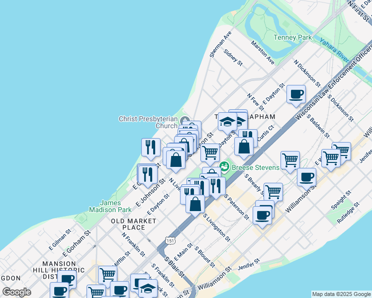 map of restaurants, bars, coffee shops, grocery stores, and more near 315 North Paterson Street in Madison