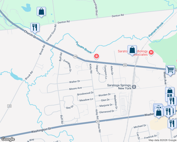 map of restaurants, bars, coffee shops, grocery stores, and more near 11 Kirby Road in Saratoga Springs