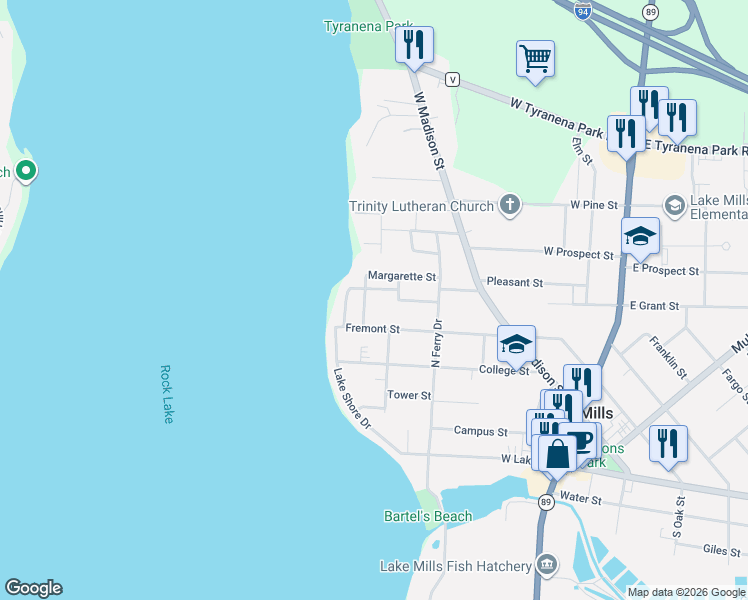map of restaurants, bars, coffee shops, grocery stores, and more near 603 Fremont Street in Lake Mills