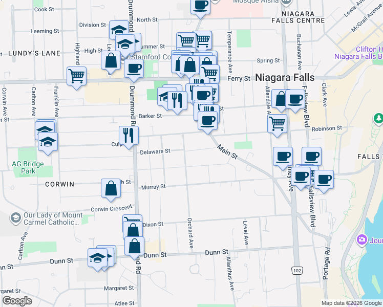 map of restaurants, bars, coffee shops, grocery stores, and more near 5960 Delaware Street in Niagara Falls
