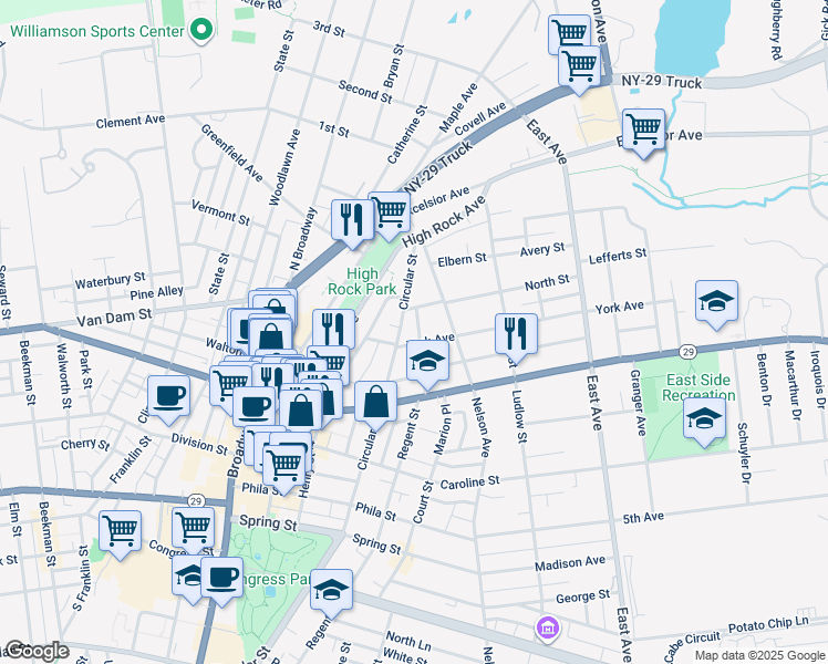 map of restaurants, bars, coffee shops, grocery stores, and more near 29 East Harrison Street in Saratoga Springs