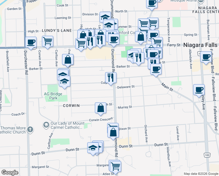 map of restaurants, bars, coffee shops, grocery stores, and more near 6247 Taylor Street in Niagara Falls