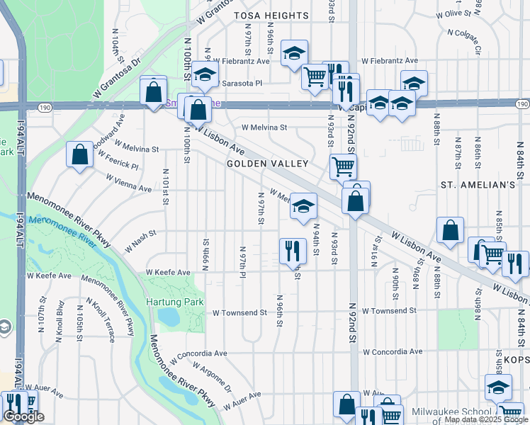 map of restaurants, bars, coffee shops, grocery stores, and more near 3715 North 97th Street in Milwaukee