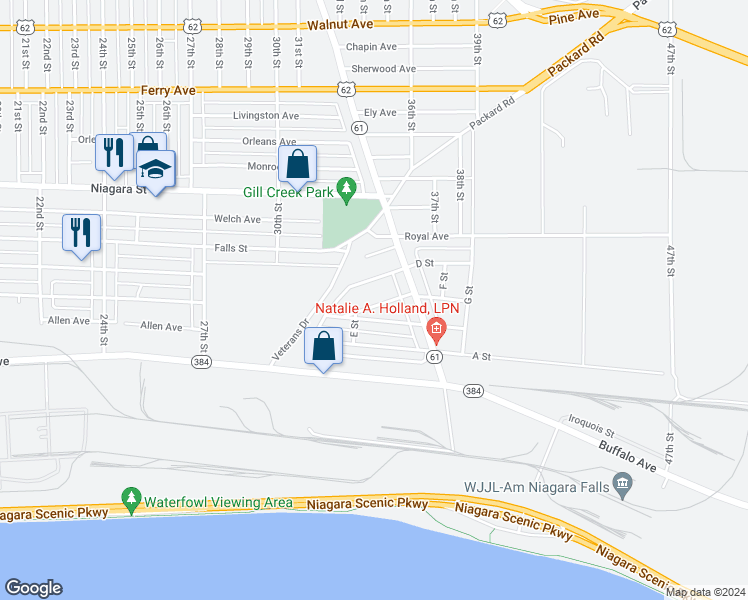 map of restaurants, bars, coffee shops, grocery stores, and more near 17 C Street in Niagara Falls