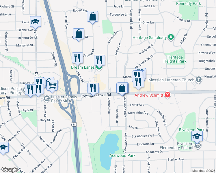 map of restaurants, bars, coffee shops, grocery stores, and more near 926 Vernon Avenue in Madison