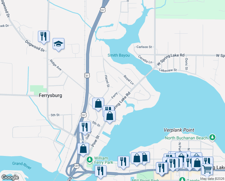 map of restaurants, bars, coffee shops, grocery stores, and more near 17533 Beechwood Lane in Spring Lake