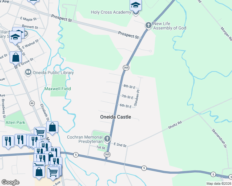 map of restaurants, bars, coffee shops, grocery stores, and more near 51 State Street in Oneida
