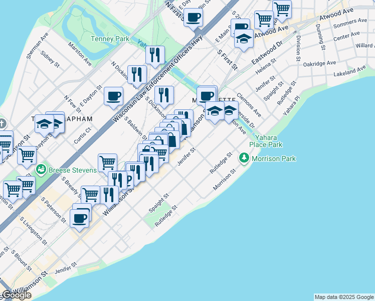 map of restaurants, bars, coffee shops, grocery stores, and more near 1342 Jenifer Street in Madison