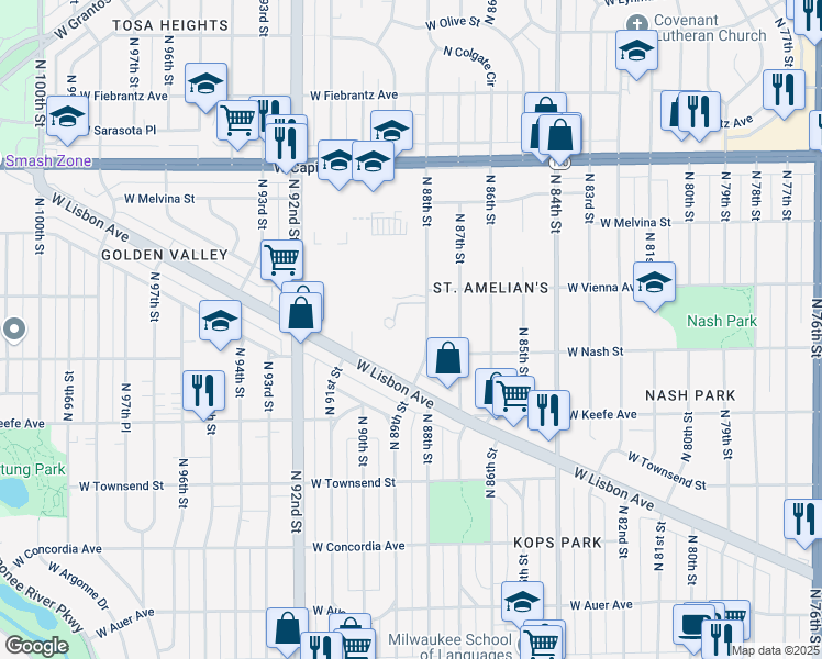 map of restaurants, bars, coffee shops, grocery stores, and more near 3635 North 88th Street in Milwaukee