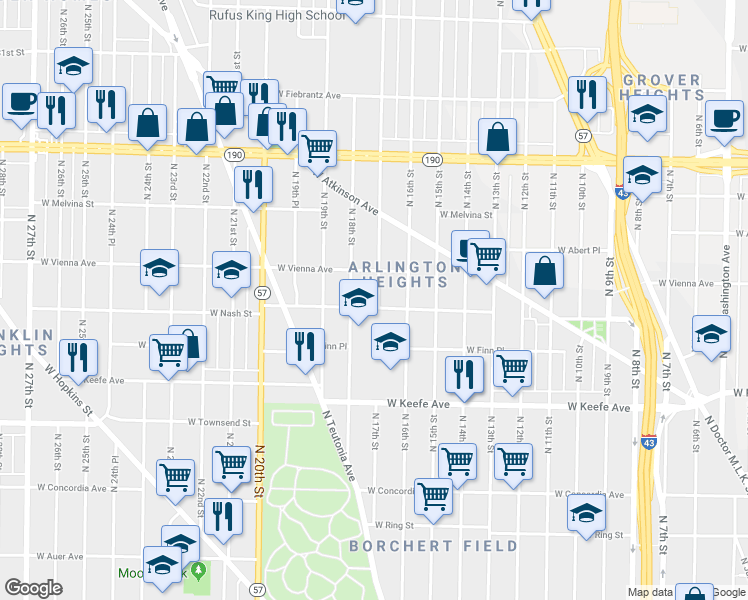 map of restaurants, bars, coffee shops, grocery stores, and more near 1702 West Nash Street in Milwaukee