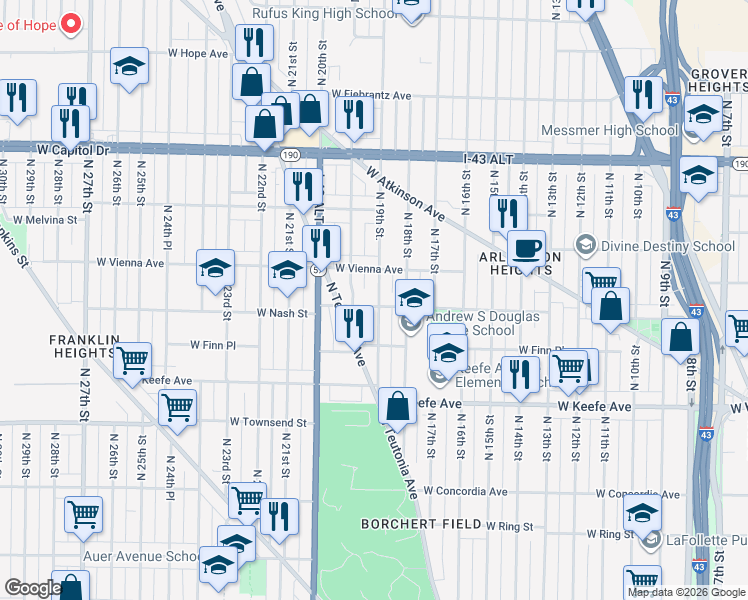 map of restaurants, bars, coffee shops, grocery stores, and more near 3636 North 19th Street in Milwaukee