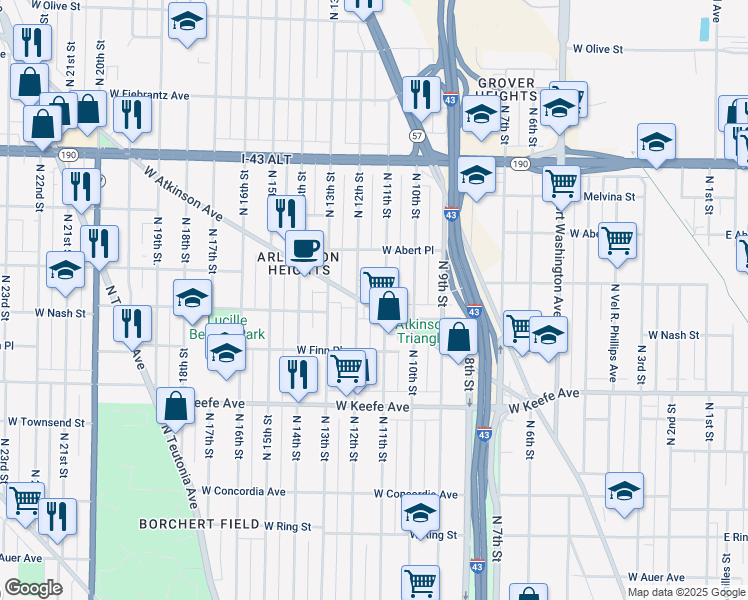 map of restaurants, bars, coffee shops, grocery stores, and more near 1114 West Atkinson Avenue in Milwaukee
