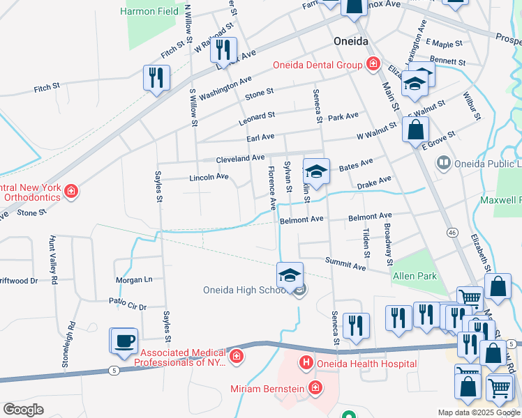 map of restaurants, bars, coffee shops, grocery stores, and more near 447 Oxford Street in Oneida