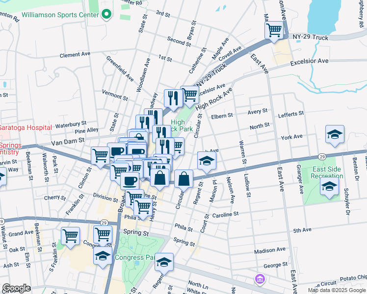 map of restaurants, bars, coffee shops, grocery stores, and more near 128 Henry Street in Saratoga Springs