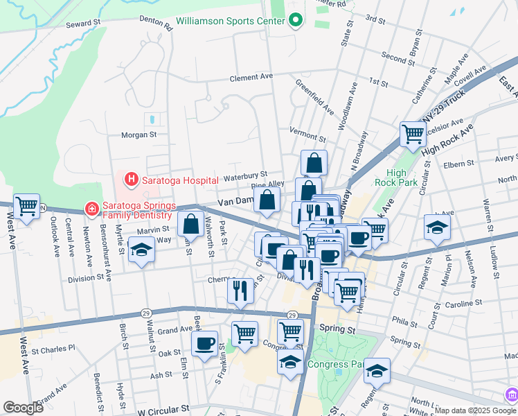 map of restaurants, bars, coffee shops, grocery stores, and more near 25 Lawrence Street in Saratoga Springs