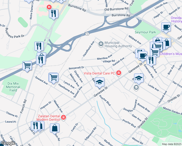 map of restaurants, bars, coffee shops, grocery stores, and more near 104 Cornwall Avenue in Utica