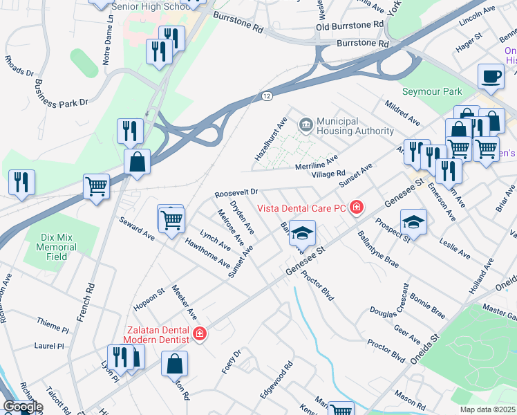 map of restaurants, bars, coffee shops, grocery stores, and more near 104 Cornwall Avenue in Utica