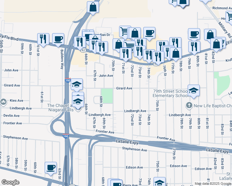 map of restaurants, bars, coffee shops, grocery stores, and more near 545 70th Street in Niagara Falls