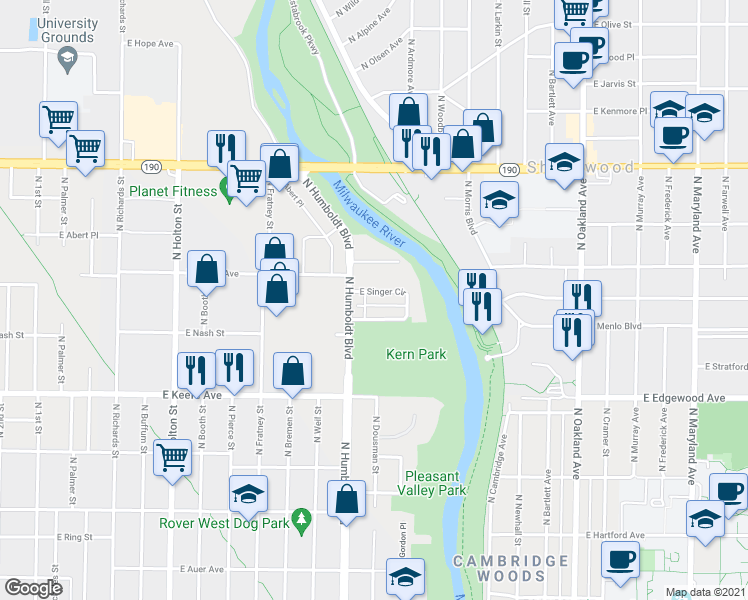 map of restaurants, bars, coffee shops, grocery stores, and more near 3736 North Humboldt Boulevard in Milwaukee