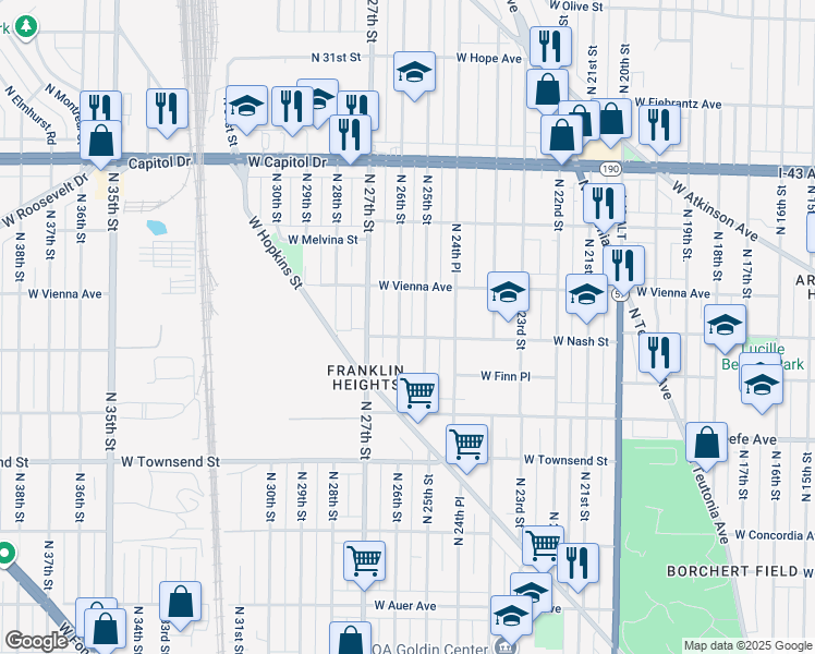 map of restaurants, bars, coffee shops, grocery stores, and more near 3639 North 25th Street in Milwaukee