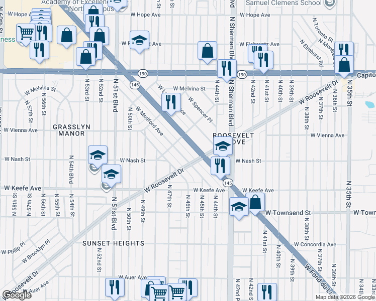 map of restaurants, bars, coffee shops, grocery stores, and more near 4524 West Roosevelt Drive in Milwaukee