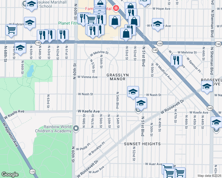 map of restaurants, bars, coffee shops, grocery stores, and more near 5500 West Nash Street in Milwaukee