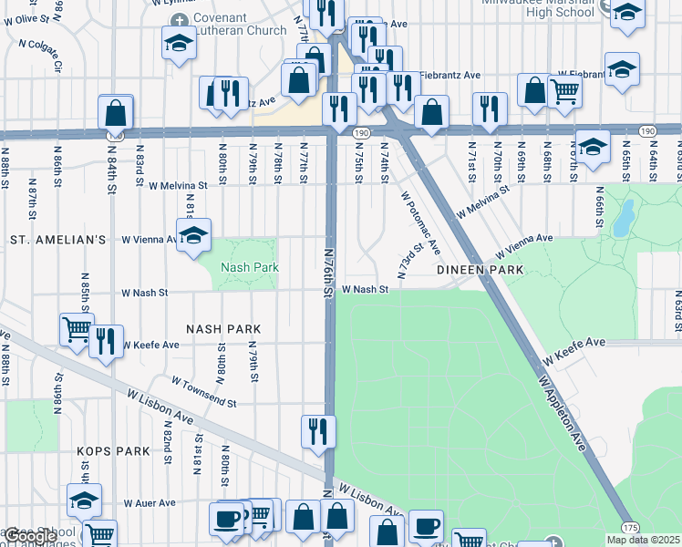 map of restaurants, bars, coffee shops, grocery stores, and more near 7544 West Nash Street in Milwaukee