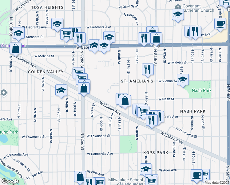 map of restaurants, bars, coffee shops, grocery stores, and more near 3635 North 88th Street in Milwaukee