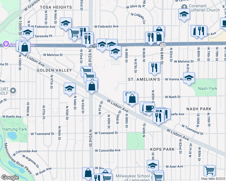 map of restaurants, bars, coffee shops, grocery stores, and more near 9002 West Lisbon Avenue in Milwaukee