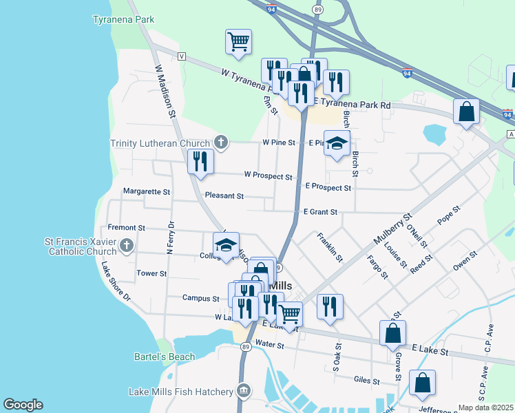 map of restaurants, bars, coffee shops, grocery stores, and more near 218 West Grant Street in Lake Mills
