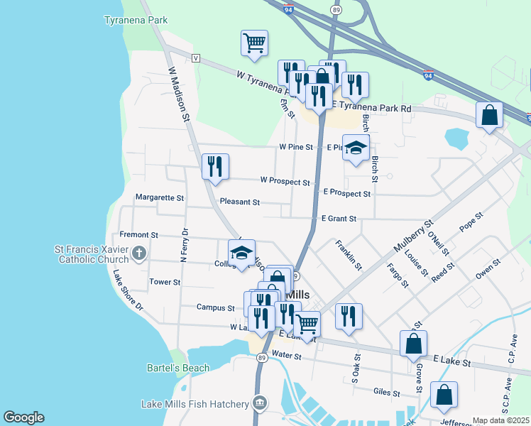 map of restaurants, bars, coffee shops, grocery stores, and more near 218 West Grant Street in Lake Mills