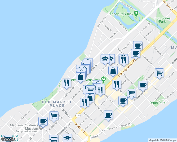 map of restaurants, bars, coffee shops, grocery stores, and more near 901 East Johnson Street in Madison