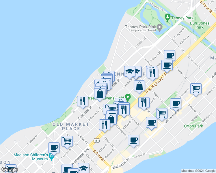 map of restaurants, bars, coffee shops, grocery stores, and more near 901 East Johnson Street in Madison