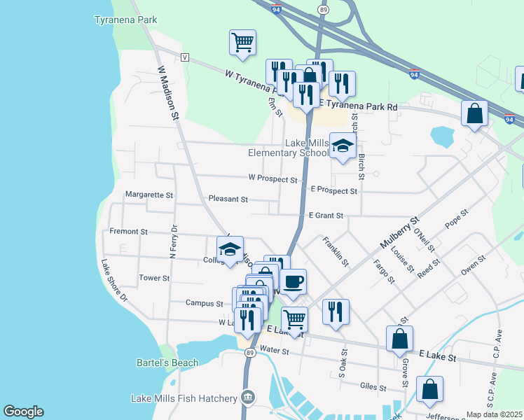 map of restaurants, bars, coffee shops, grocery stores, and more near 221 West Grant Street in Lake Mills