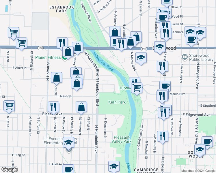 map of restaurants, bars, coffee shops, grocery stores, and more near 1219 East Singer Circle in Milwaukee