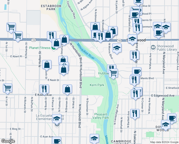 map of restaurants, bars, coffee shops, grocery stores, and more near 1217-1219 East Singer Circle in Milwaukee