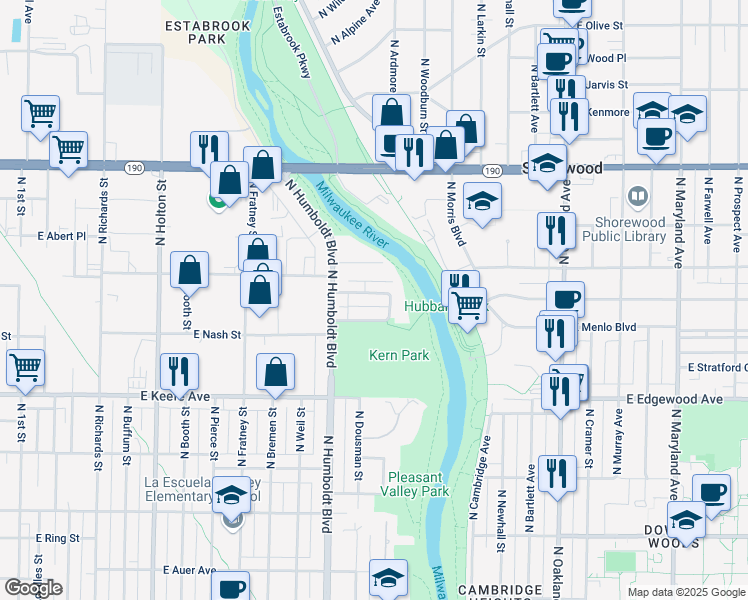 map of restaurants, bars, coffee shops, grocery stores, and more near 1211 East Singer Circle in Milwaukee