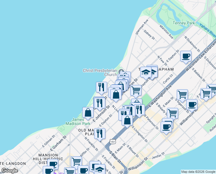 map of restaurants, bars, coffee shops, grocery stores, and more near 810 East Gorham Street in Madison