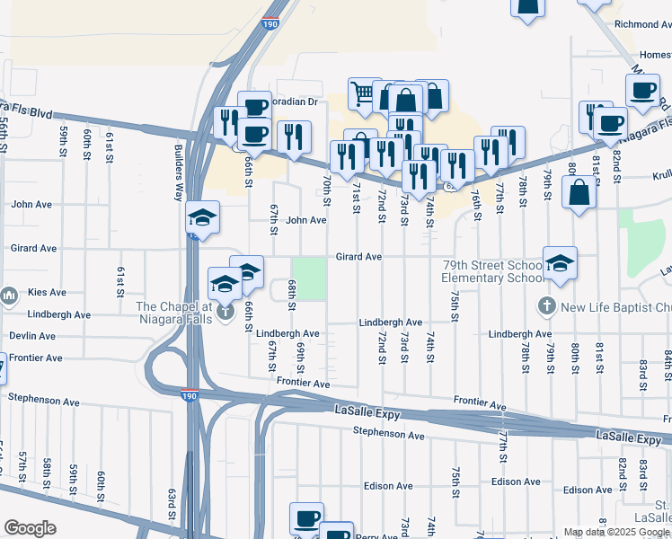 map of restaurants, bars, coffee shops, grocery stores, and more near 545 70th Street in Niagara Falls