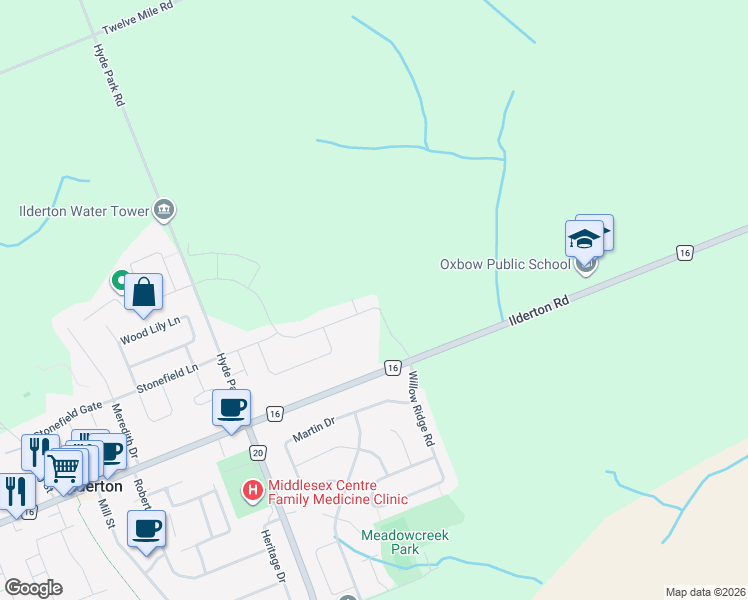 map of restaurants, bars, coffee shops, grocery stores, and more near 13464 Ilderton Road in Ilderton