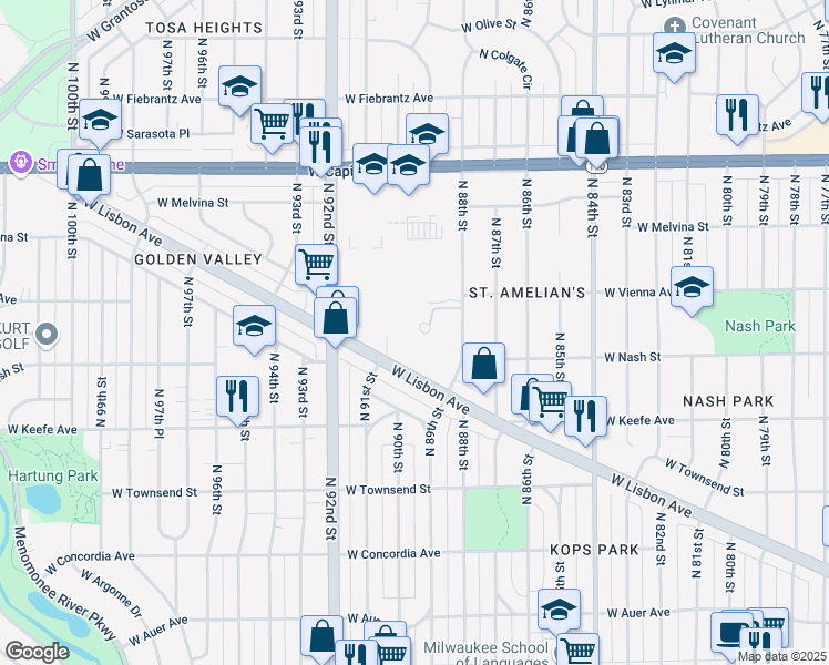 map of restaurants, bars, coffee shops, grocery stores, and more near 9002 West Lisbon Avenue in Milwaukee
