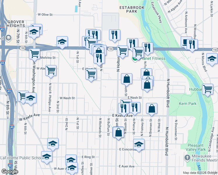 map of restaurants, bars, coffee shops, grocery stores, and more near 301 East Vienna Avenue in Milwaukee