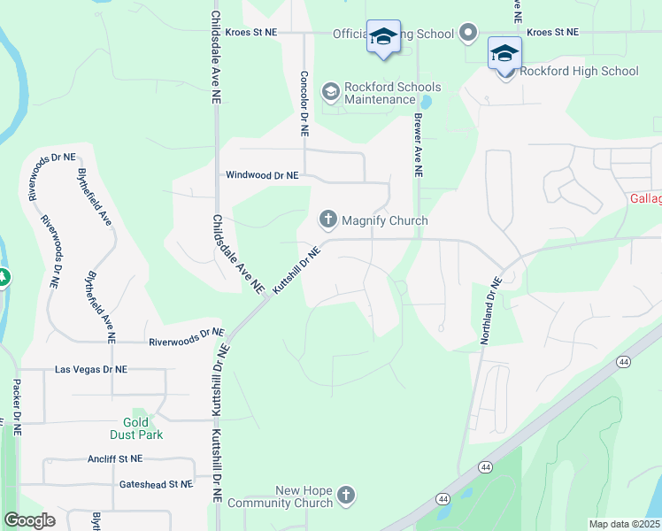 map of restaurants, bars, coffee shops, grocery stores, and more near 6728 Kuttshill Drive Northeast in Rockford