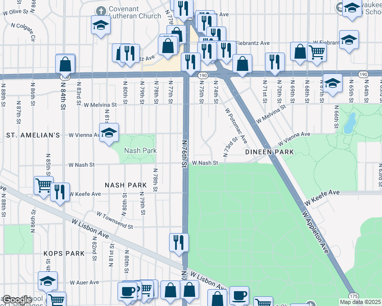 map of restaurants, bars, coffee shops, grocery stores, and more near 3722 North 76th Street in Milwaukee